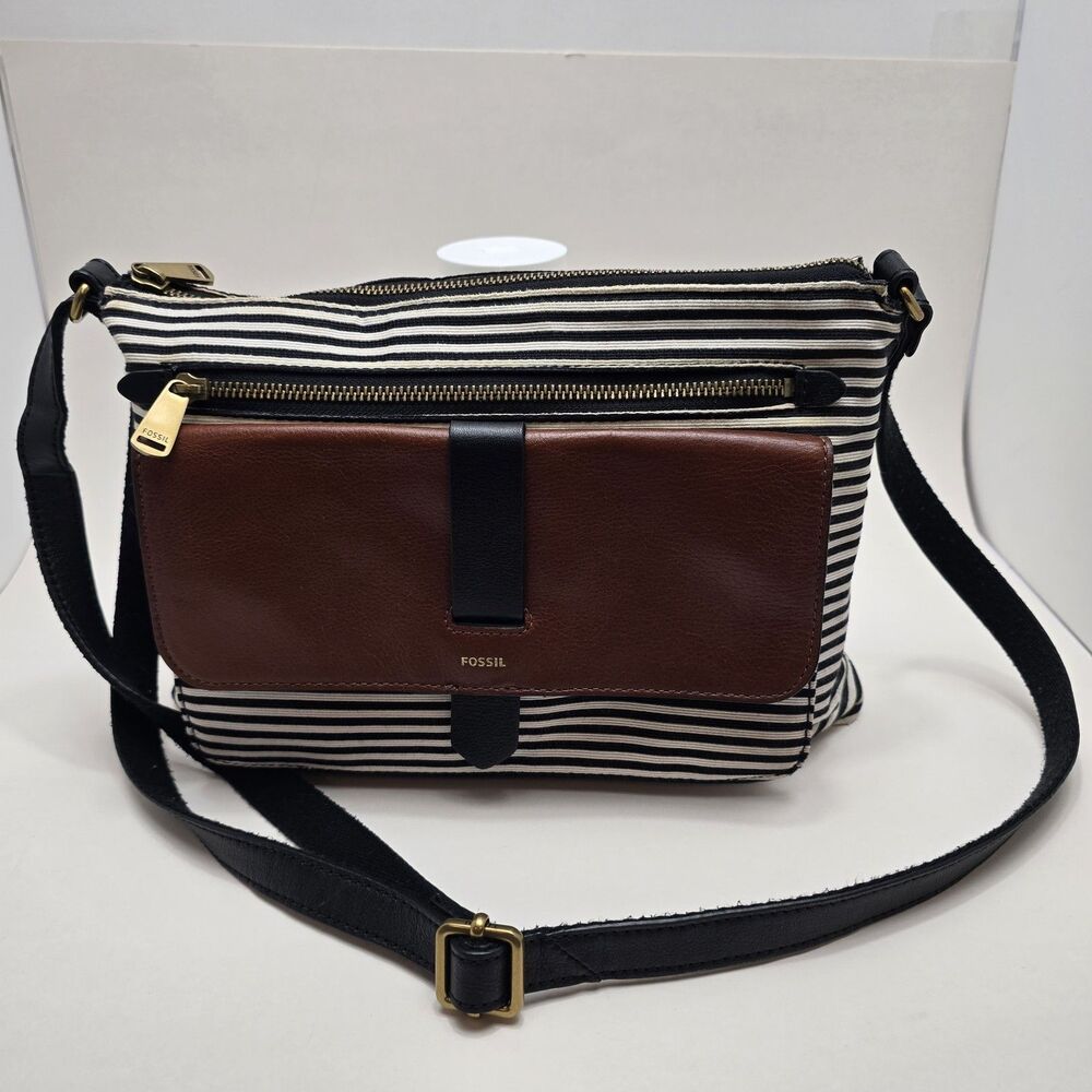 Fossil Kinley Black and White Brown Leather Accent Striped Crossbody Bag EUC!!